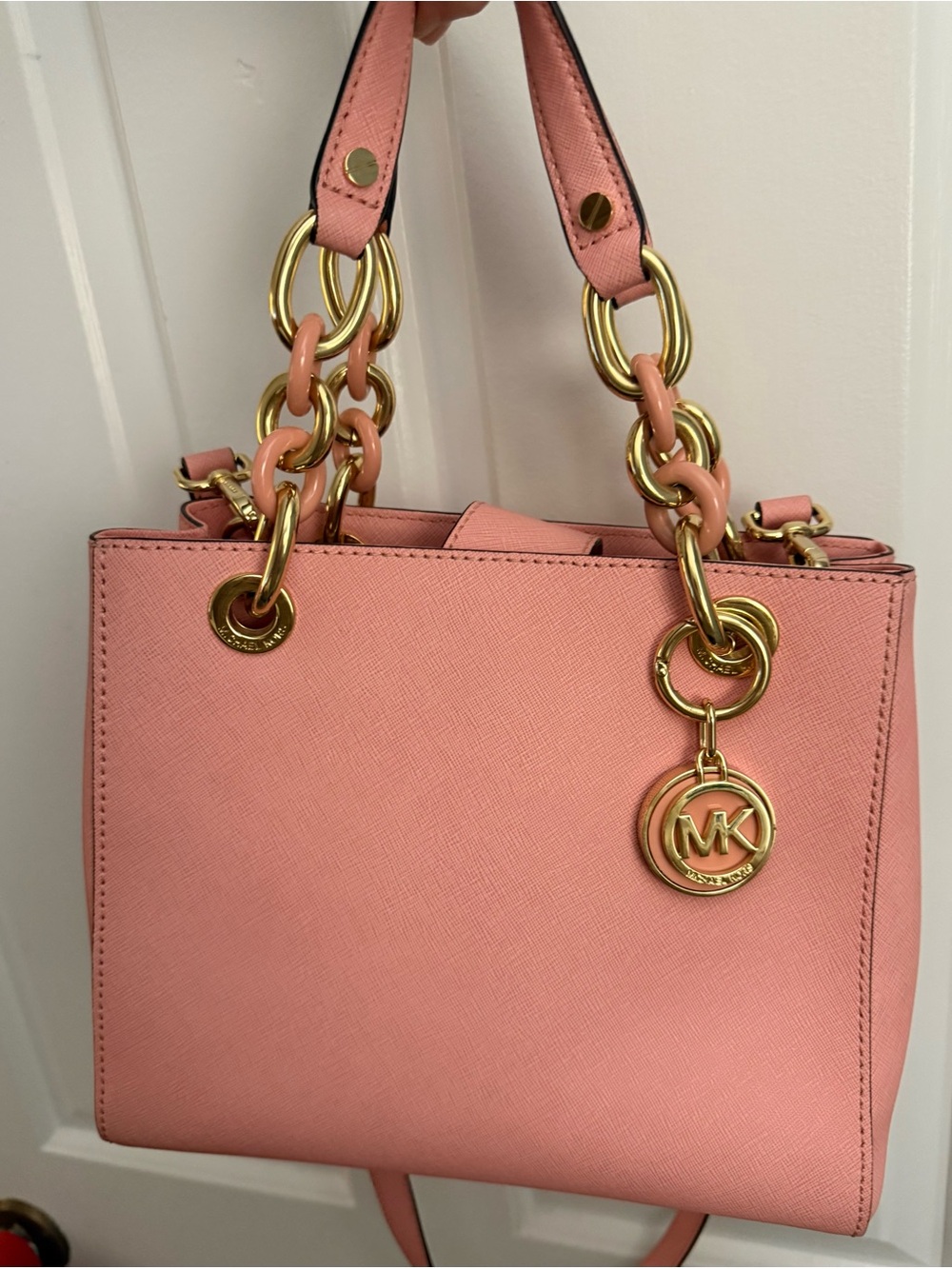MICHAEL KORS CYNTHIA PINK GOLD SAFFIANO LEATHER SATCHEL BAG